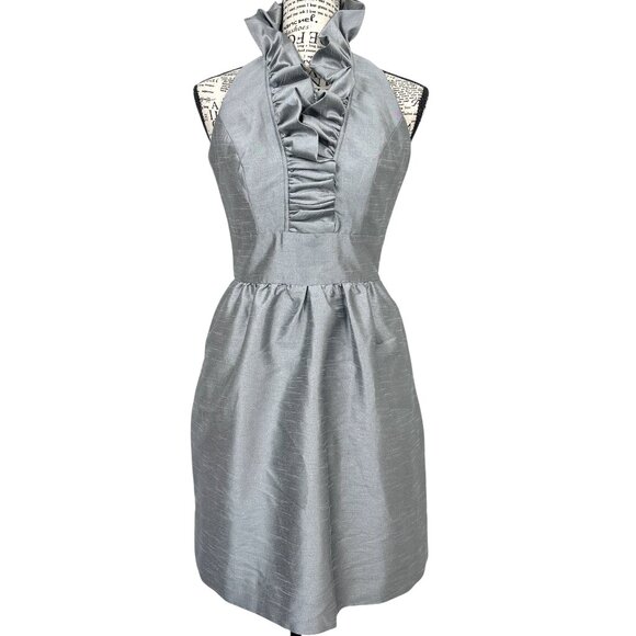 Alfred Sung Women’s Size 0 Silver Gray Halter Cocktail Dress Pockets Ruffle Neck - Picture 1 of 16
